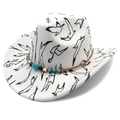White Western cowboy hat with black bird prints and turquoise beaded band detail - M (56-58cm) / Fedora Top White