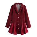 Elegant wine red tweed dress with a flared peplum hem and gold buttons on a white background - XS / Burgundy