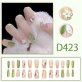 Pastel green press-on nails with 3D white flowers, pearls, and woven texture art - Glue Style D423 (D423)