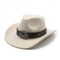 Close-up of cream wool cowboy hat with leather band featuring silver eagle and star studs - M (56-58cm) / Beige