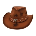 Brown western cowboy hat with star patterns, woven band and metallic bull head buckle - One Size / Khaki (Bull Skull Star Decor)