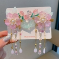 Exquisite pink and green flower hair clip with white pearls and gold metal tassels - Yijiangnan Pink Green Clips