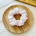 Elegant white scrunchie with pink polka dots on a minimalist wooden tray display - White with Pink Dots