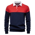 Close-up of polo shirt collar with navy and red color blocking and white knitted fabric - Orange Red