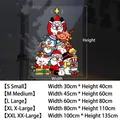 Detail view of colorful Santa and reindeer window clings with size specification chart - S Small