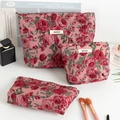 Drei-teiliges Kosmetiktaschen-Set mit Retro-Rosen-Jacquard und vintage Blumenmuster-Design - S / Vintage Rote Rose (Klein)