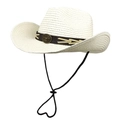 Detail of straw cowboy hat with brown leather band and metallic bull head ornament - M (56-58cm) / Creamy White