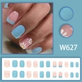 Blue French tip press-on nails with white daisy flower patterns set of 24 pieces - W627 Glue Type