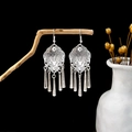Vintage bohemian metal tassel drop earrings in antique silver with engraved patterns - E5978/Five Tassel Carved