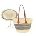 Straw hat and tote bag set in beige with black stripes and brown leather handles - Hat & Bag Set / Classic Beige Black Stripe