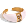 Vintage 18K gold plated stainless steel wide ring with white enamel and micro-pave crystals - Gold White