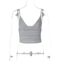 Detail showing the ruched texture and V-neckline of this grey cropped camisole top - XS / Light Gray