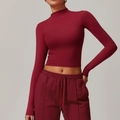 Slim fit long sleeve crop top in burgundy with high-neck and matching joggers - S / Cherry Red