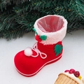 Stivale di Natale rosso floccato porta caramelle con bordo in peluche e motivo ad albero - Medio