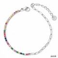 Colorful zircon tennis chain mixed with silver paperclip stainless steel anklet for women - Colorful Zircon Silver (A410)