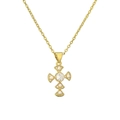 Elegant gold cross necklace with center zircon and white pearls on a polished O-chain - Center Main Stone Pearl Cross Style (CN001599YH)