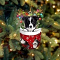 Weihnachtsanhänger mit Border-Collie-Welpen in roter Tasche mit Schneeflocken-Motiv - Border Collie