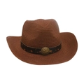 Chapeau de cow-boy en paille tressée marron foncé avec boucle étoile vintage et ruban cuir - Taille unique / Café