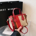 Mini striped canvas bag with red, orange and beige contrast weaving and leather strap - Red
