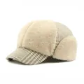 Winter faux fur trapper hat in beige houndstooth check pattern for warmth - 55-59CM / Khaki