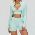 Ensemble de yoga 3 pièces sans couture vert menthe avec short côtelé et veste - S / Haut Et Bas / Ensemble trois pièces / Vert menthe