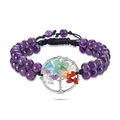 Detailed view of amethyst beaded bracelet with handcrafted Tree of Life chakra charm - Amethyst