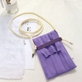 Detail view of purple pleated knitted mini phone bag with white knotted shoulder strap - One Size / Purple Bag + Cream Rope