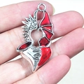 Gothic heart pendant with angel and bat wings in silver finish with red enamel - Angel & Devil Winged Heart