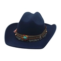 Ethno-Cowboyhut aus dunkelblauem Filz mit Boho-Perlenband und Türkisstein-Dekoration - Marineblau