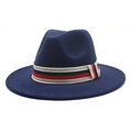 Classic navy blue wool fedora hat with tricolor decorative band and wide brim for unisex - Navy Blue
