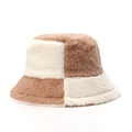 Close-up of plush two-tone fisherman hat in cream and camel faux lamb wool material - M (56-58cm) / Khaki and Milk White Patchwork