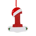 Detailed view of red glitter number one Christmas ornament with a festive Santa hat decoration - Number 1 Style