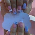 French tip press-on nails with pink blue glitter and heart patterns on cloud prop - Pink Blue Heart French Style (Y-115) - Glue Type