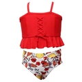 Two-piece girls' red ruffle bikini set with lemon and floral print bottoms - 104 / Red