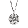 Macro shot of silver stainless steel Metatron pendant with sacred geometry pattern - Steel