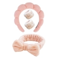 Pink plush sponge headband and matching wristbands set for skincare and makeup - Peach Pink Series Set (3#) / Set of 4