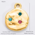 Detail of 18k gold plated stainless steel round pendant with three colored star crystals - Stainless Steel Bumpy Round Pendant