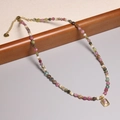Delicate 2mm natural tourmaline beaded necklace with rectangular gold pendant and charms - XL0094 Tourmaline Faceted with Gold Pendant