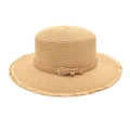 Detail of straw boater hat featuring frayed edges and khaki leather strap with gold buckle - M (56-58cm) / Khaki