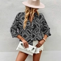 Women's black and white paisley long sleeve blouse with elegant linen texture print - S / Black