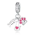 S925 sterling silver cat pendant charm with pink heart fish bone and paw details - Fishbone Cat and Paw Pendant 0052