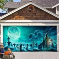 Halloween garage door banner featuring death reaper, full moon and pumpkin decorations - Ws0111 / 1 Meter Long X 0.7 Meters High (polyester)