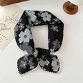 Floral cotton linen neck scarf in black with white flower print and delicate lace trim - Black Polka Dot Flower