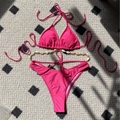Hot pink two-piece bikini with shell chain belt detail and high-cut waist design - S / Rose Red