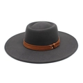 Classic grey wool fedora hat with a wide brim and decorative brown leather belt band - M (56-58cm) / Dark Gray