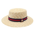 Handcrafted flat top straw boater hat with navy-red striped ribbon and gold bee detail - M (56-58cm) / Natural
