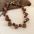 Vintage acrylic leopard square beads and wooden beads necklace set on linen fabric - Necklace-Gold-Brown