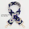 Detail of blue geometric embroidered bag strap with golden lobster clasps and metal hardware - 12-Royal Blue Dark Blue Light Blue