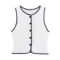White knit vest with navy blue wave trim and five button closure shown in a flat lay - S / White With Navy Trim