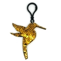 Detailed view of hummingbird keychain with shimmering golden fish scale sequins and hook - Hummingbird